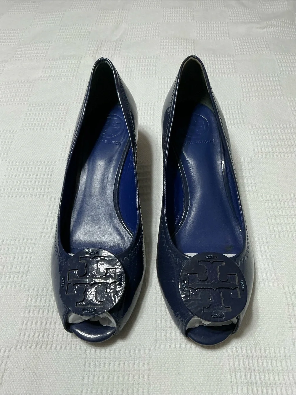 Tory Burch Blue Patent Leather Peep Toe Wedges Pumps Size 7